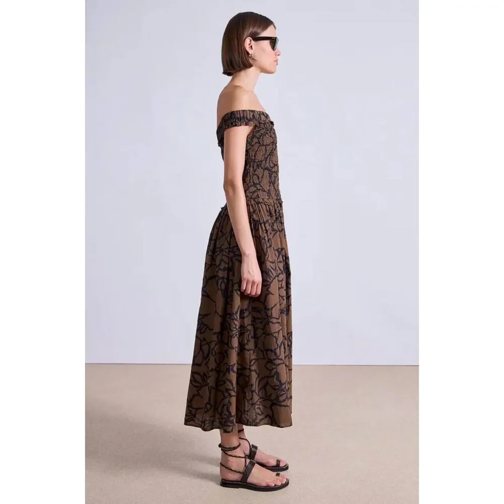 Apiece Apart Britt Off The Shoulder Maxi Dress in Large Lace Floral Chocolate XS - Picture 3 of 5
